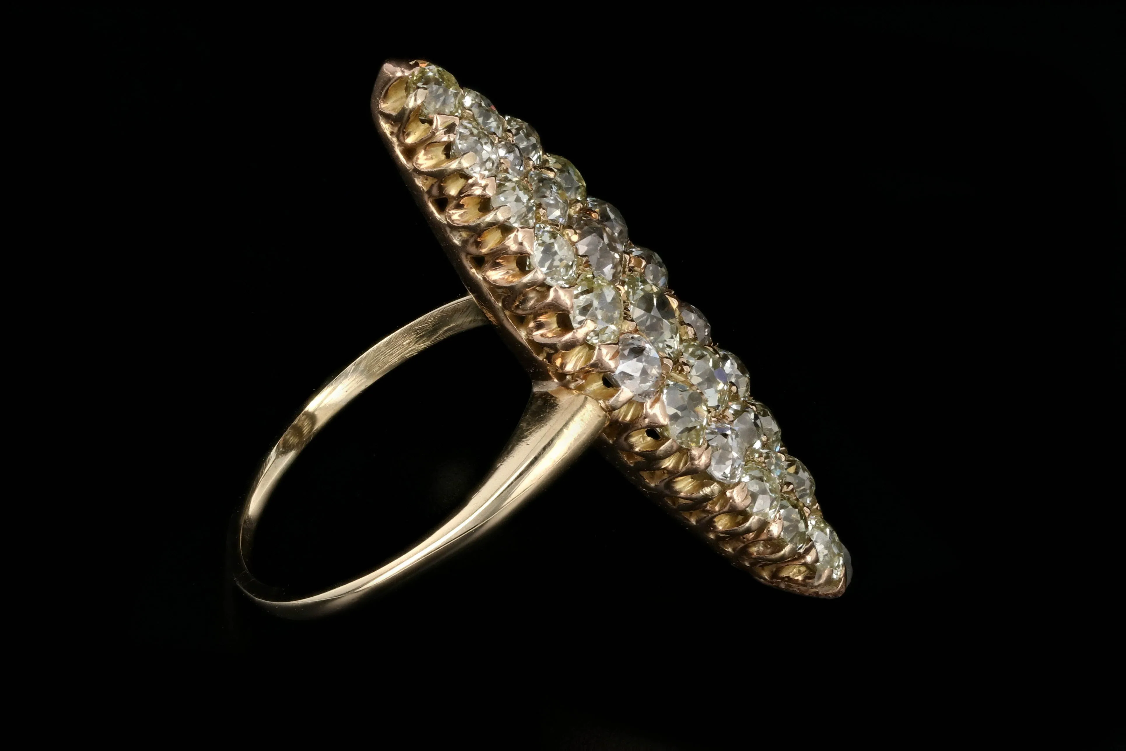 Victorian 18K Yellow Gold 4 Carat Total Weight Old Cut Diamond Navette Ring