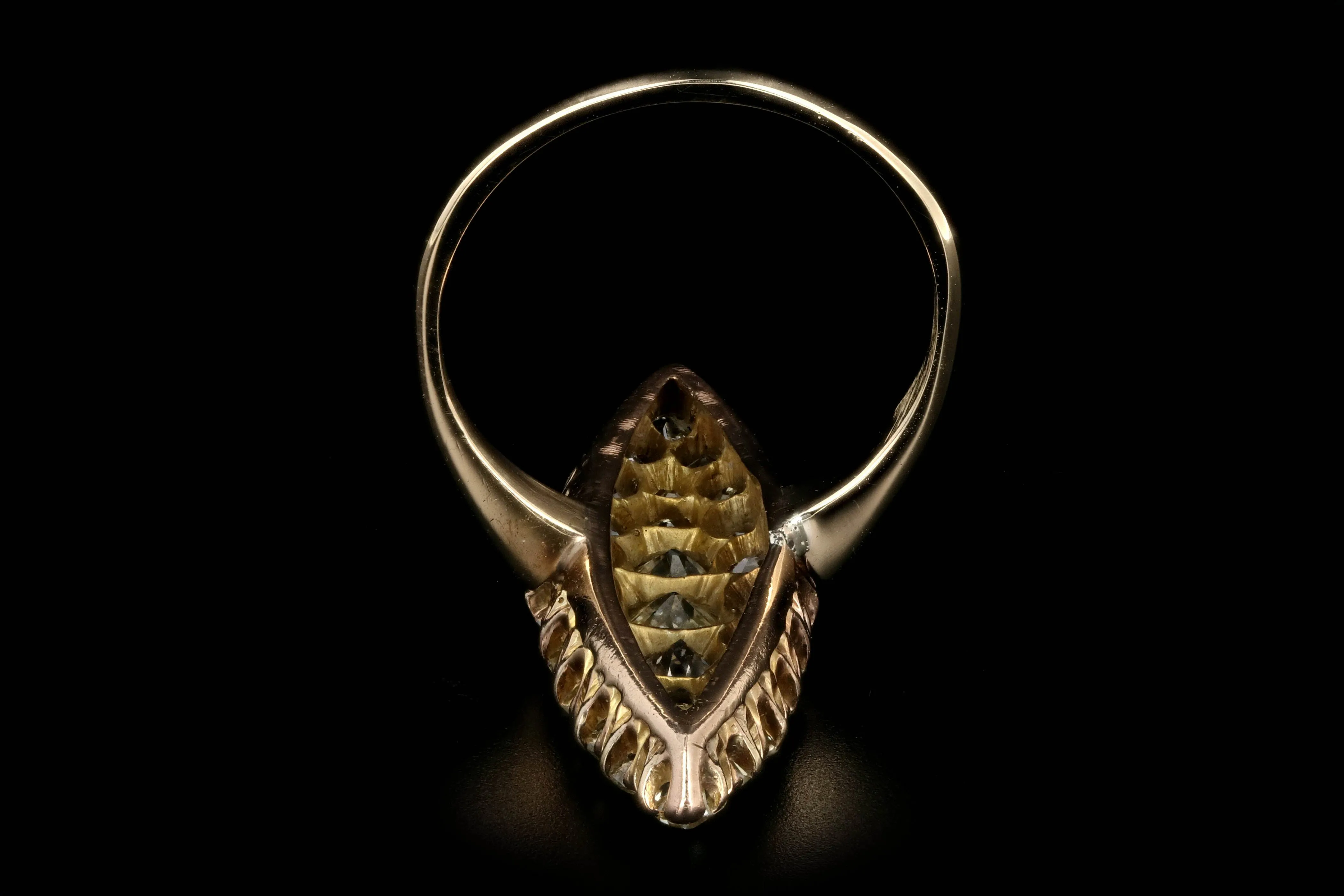 Victorian 18K Yellow Gold 4 Carat Total Weight Old Cut Diamond Navette Ring