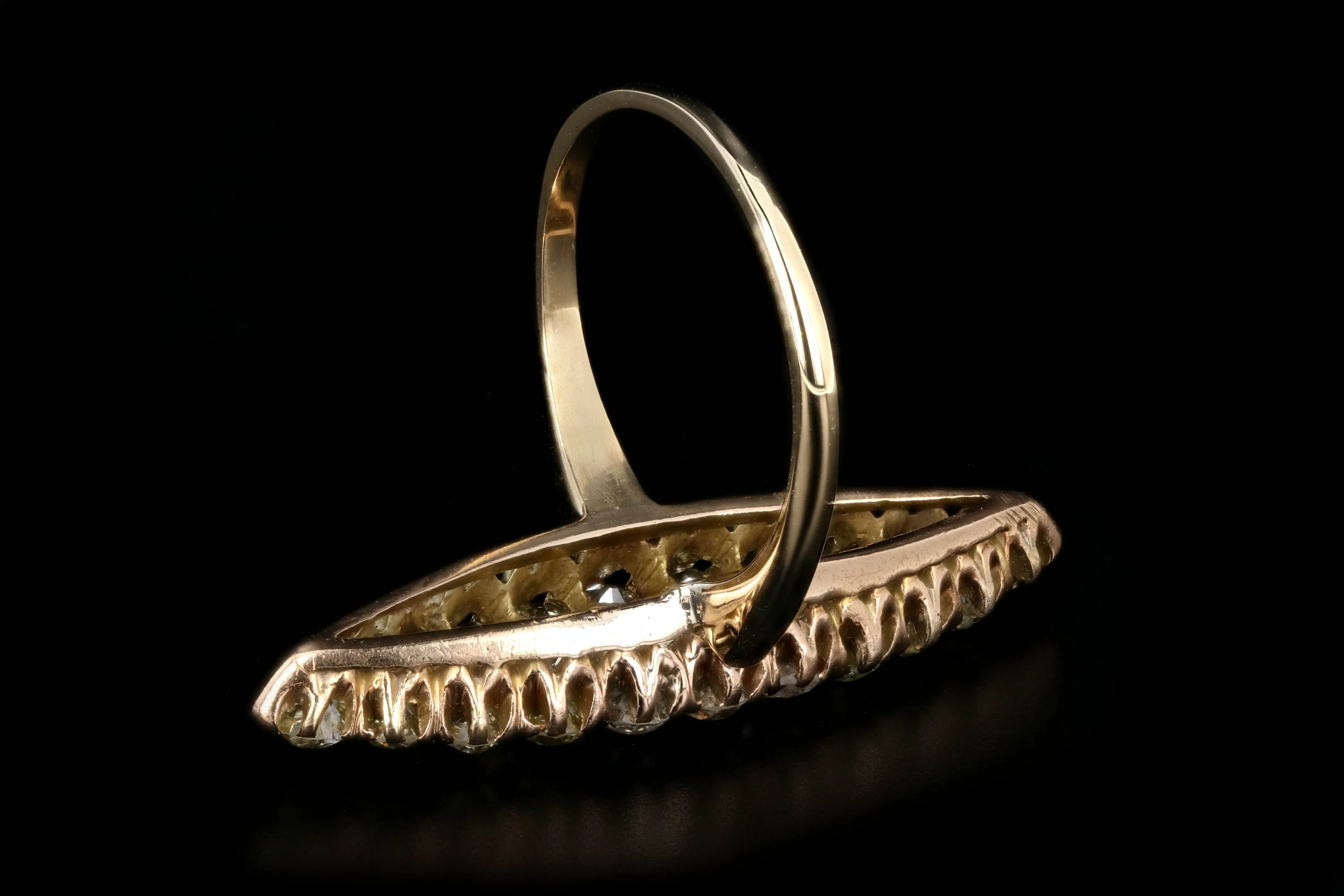 Victorian 18K Yellow Gold 4 Carat Total Weight Old Cut Diamond Navette Ring