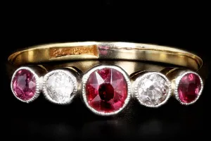 Victorian 18K Yellow Gold & Platinum Natural Ruby & Diamond Ring
