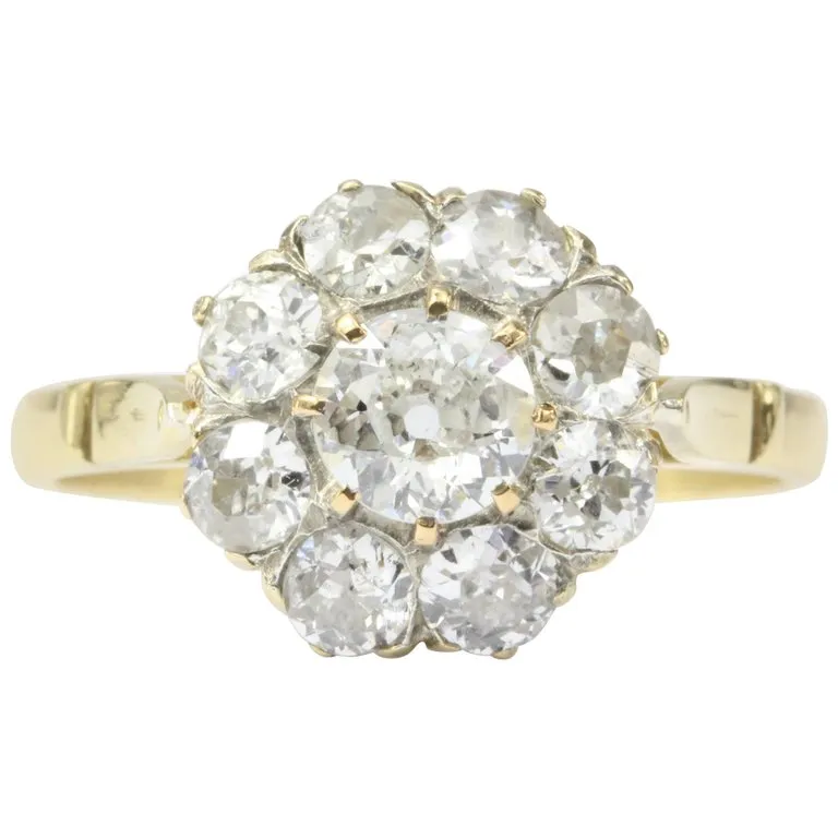 Victorian 18K Yellow Gold Diamond Flower Cluster Ring 1.22 CTW Size 6