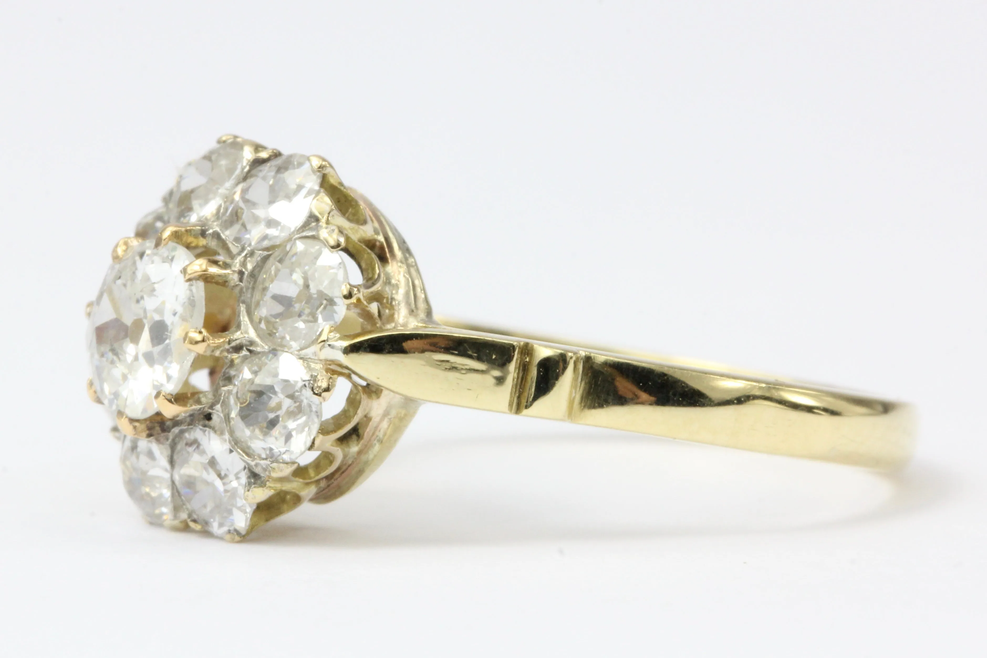 Victorian 18K Yellow Gold Diamond Flower Cluster Ring 1.22 CTW Size 6