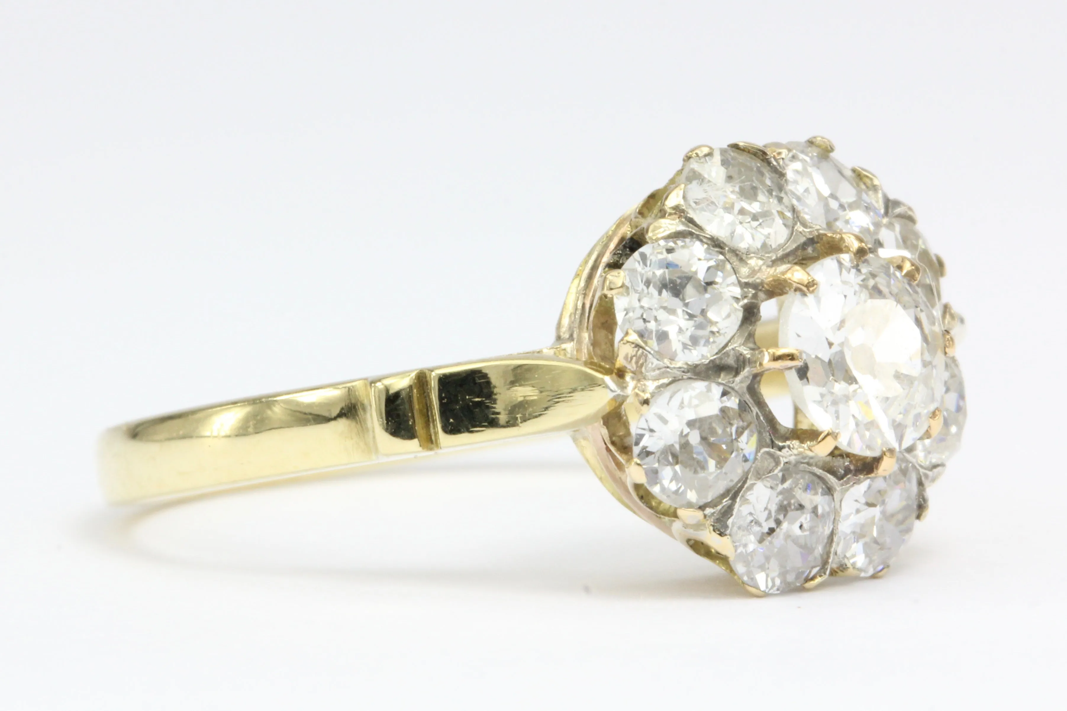 Victorian 18K Yellow Gold Diamond Flower Cluster Ring 1.22 CTW Size 6