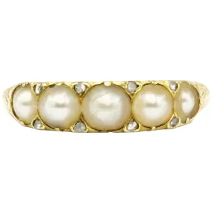 Victorian 18K Yellow Gold Rose Cut Diamond and Natural Pearl Band Ring Size 6.75