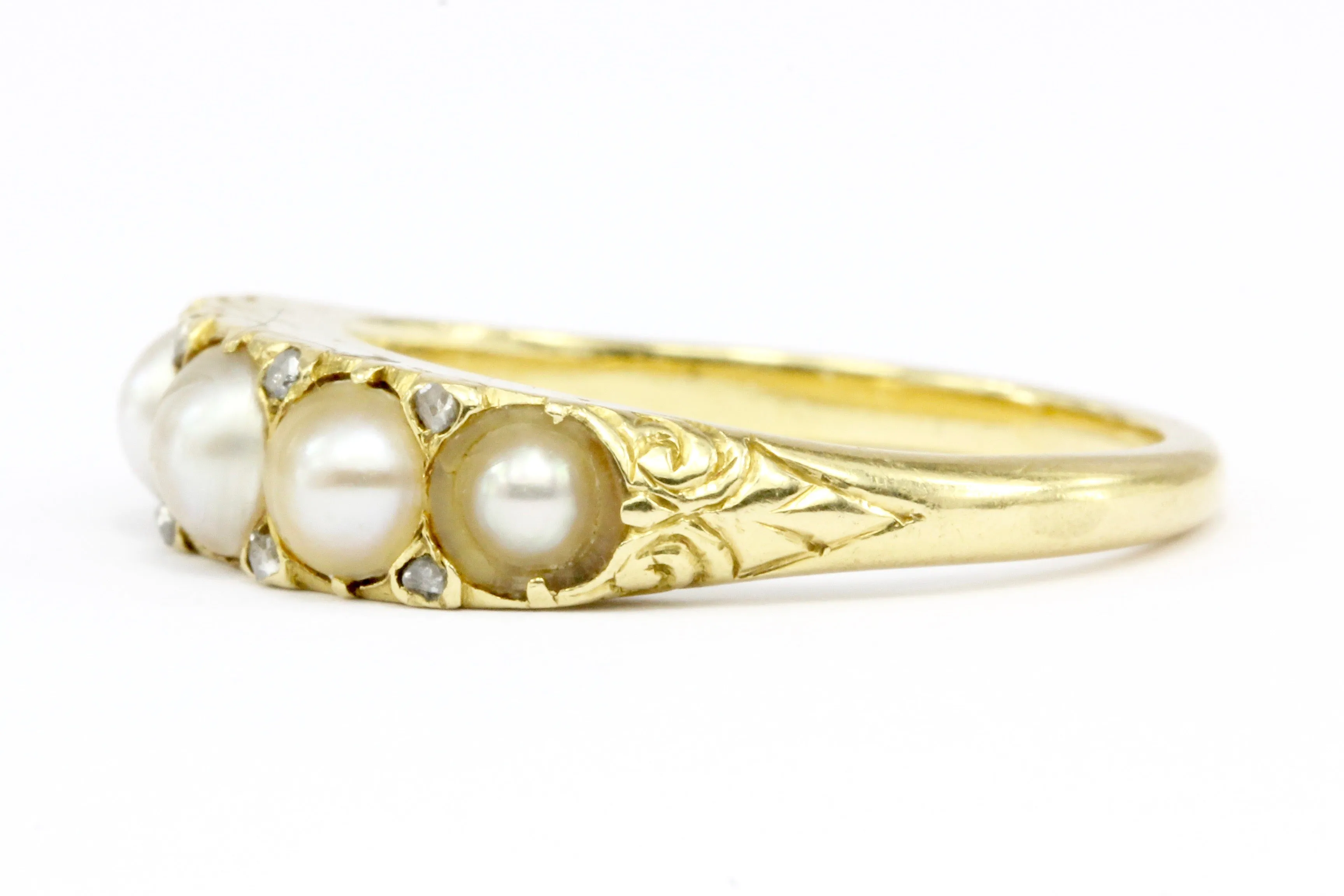 Victorian 18K Yellow Gold Rose Cut Diamond and Natural Pearl Band Ring Size 6.75