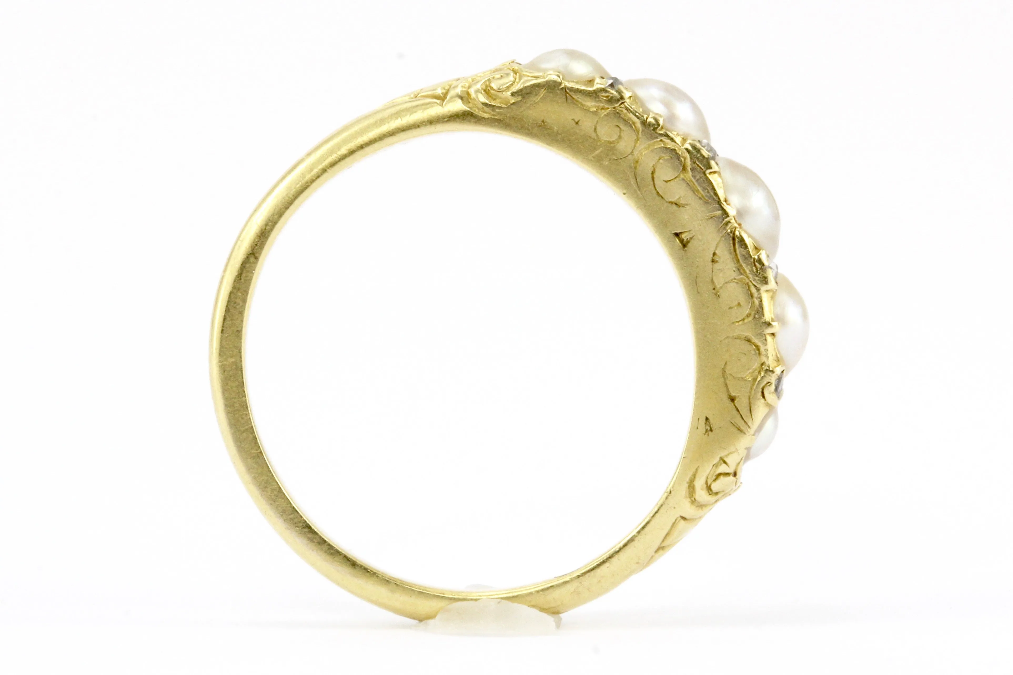 Victorian 18K Yellow Gold Rose Cut Diamond and Natural Pearl Band Ring Size 6.75