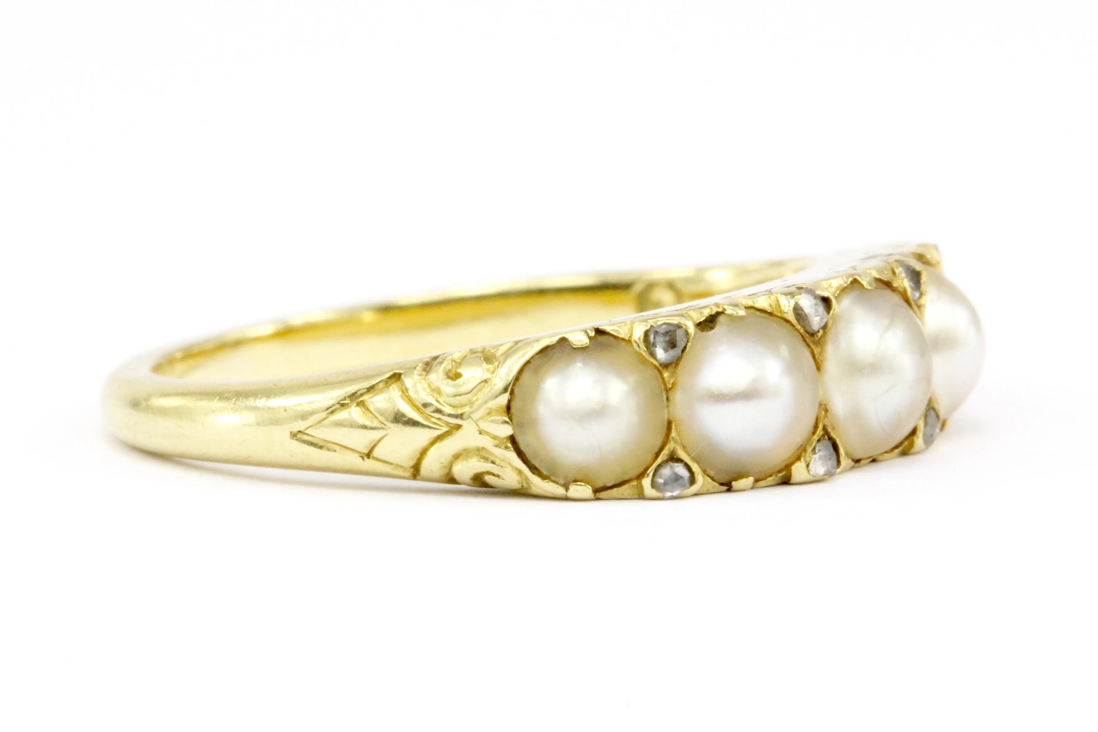 Victorian 18K Yellow Gold Rose Cut Diamond and Natural Pearl Band Ring Size 6.75