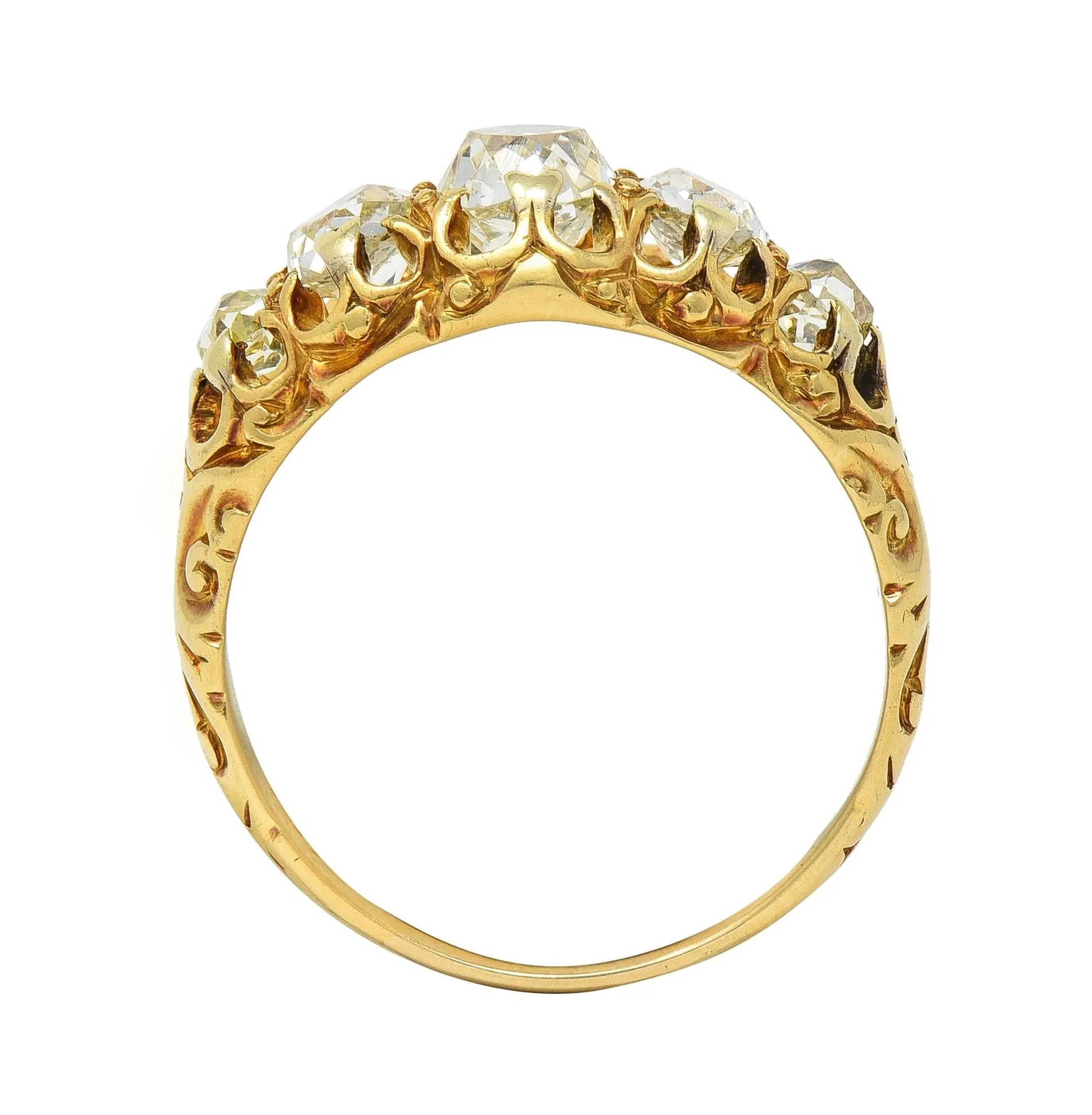 Victorian 1.98 CTW Old Mine Cut Diamond 14 Karat Gold Five Stone Antique Band Ring