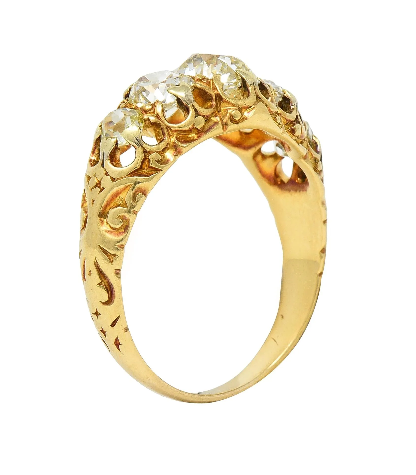 Victorian 1.98 CTW Old Mine Cut Diamond 14 Karat Gold Five Stone Antique Band Ring