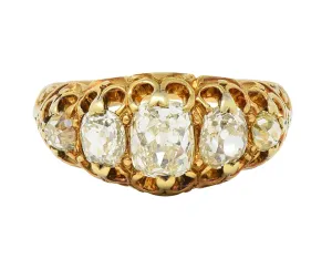 Victorian 1.98 CTW Old Mine Cut Diamond 14 Karat Gold Five Stone Antique Band Ring