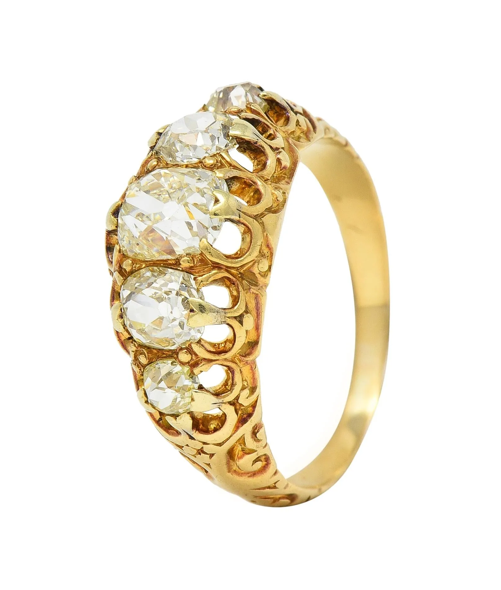 Victorian 1.98 CTW Old Mine Cut Diamond 14 Karat Gold Five Stone Antique Band Ring
