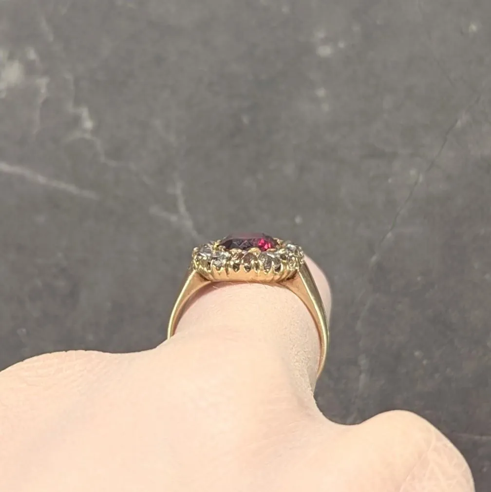 Victorian 2.95 CTW Pyrope-Spessartine Garnet Diamond 14 Karat Yellow Gold Antique Halo Ring