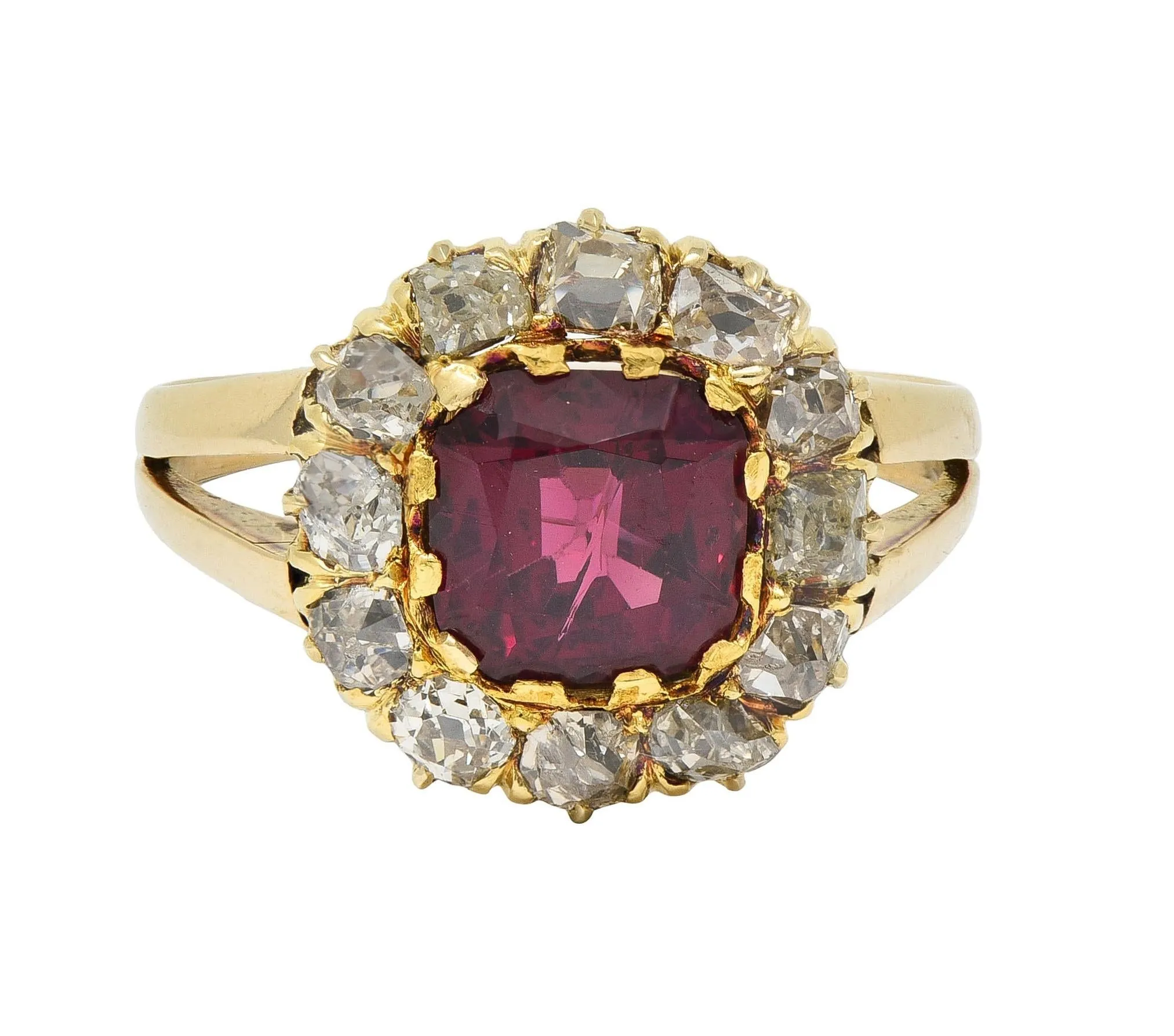 Victorian 2.95 CTW Pyrope-Spessartine Garnet Diamond 14 Karat Yellow Gold Antique Halo Ring