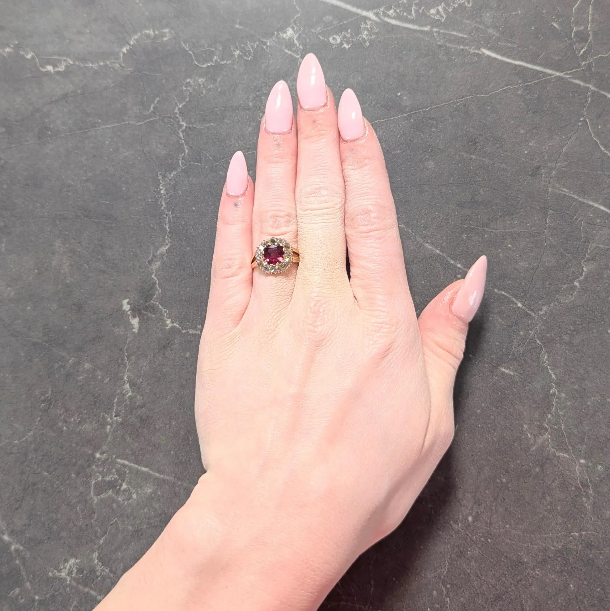 Victorian 2.95 CTW Pyrope-Spessartine Garnet Diamond 14 Karat Yellow Gold Antique Halo Ring
