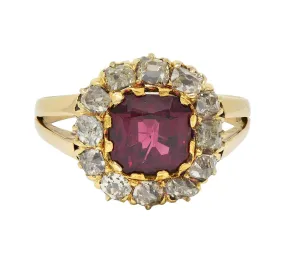 Victorian 2.95 CTW Pyrope-Spessartine Garnet Diamond 14 Karat Yellow Gold Antique Halo Ring