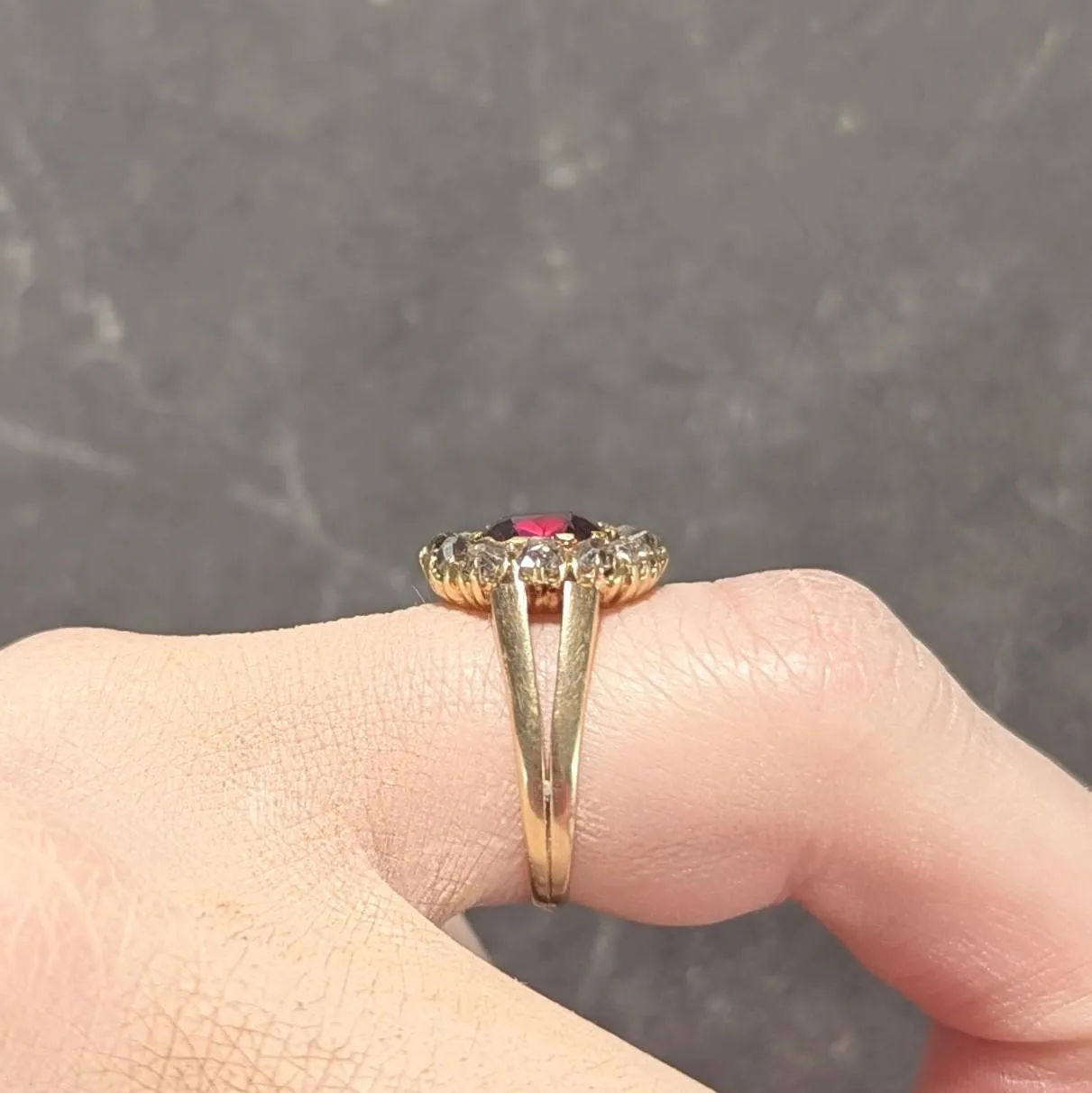 Victorian 2.95 CTW Pyrope-Spessartine Garnet Diamond 14 Karat Yellow Gold Antique Halo Ring