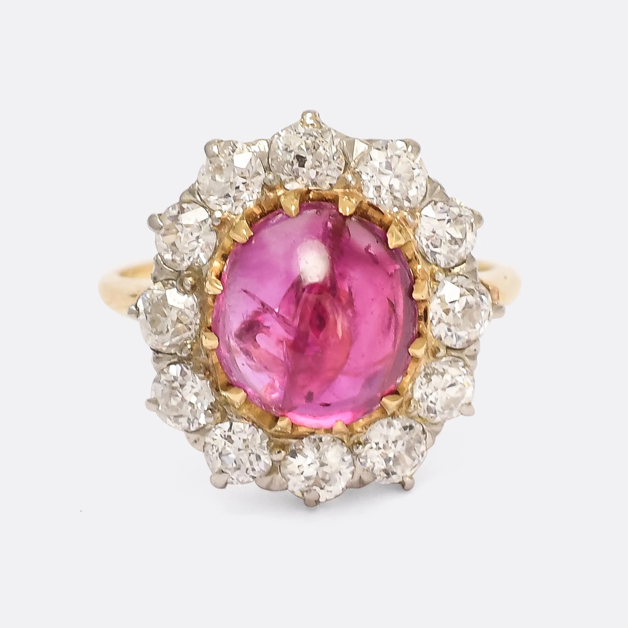 Victorian 3.63ct Burma Ruby Cabochon & Diamond Cluster Ring