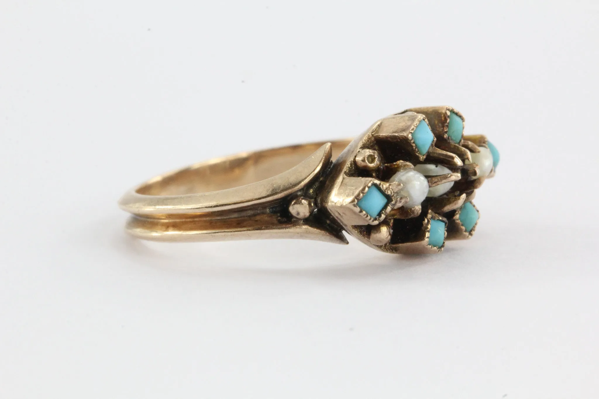 Victorian 9ct gold Seed Pearl & Persian Turquoise Ring