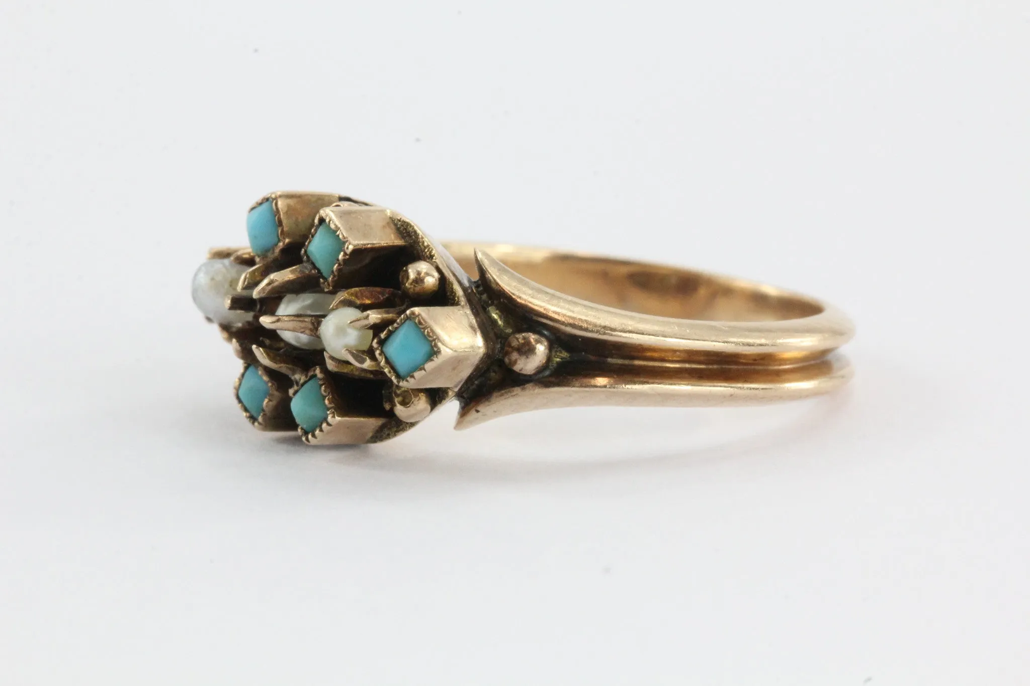 Victorian 9ct gold Seed Pearl & Persian Turquoise Ring