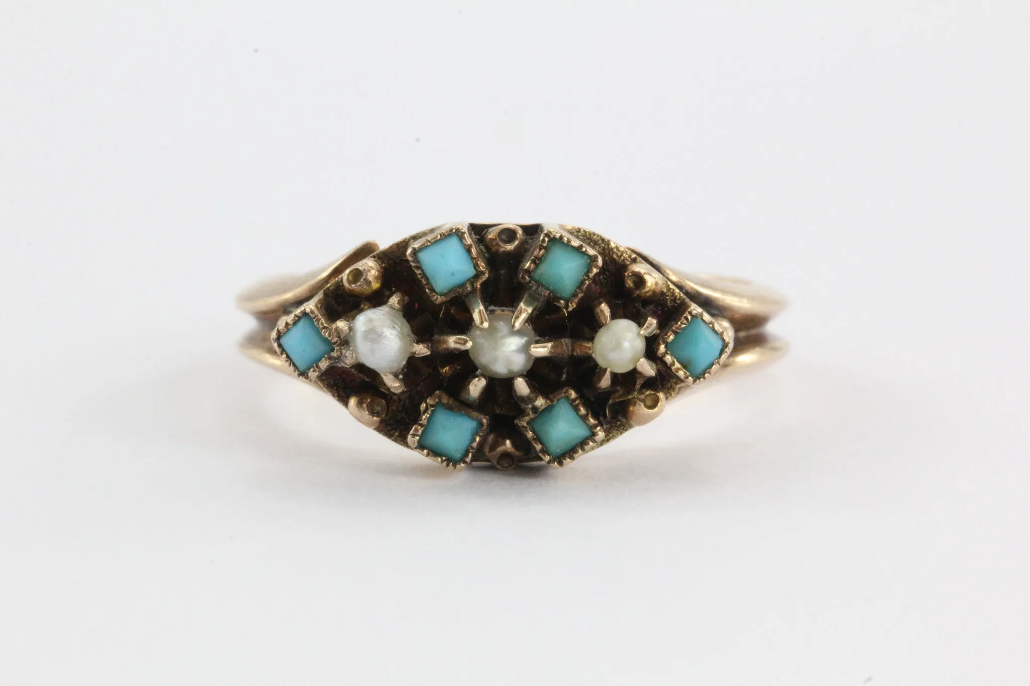 Victorian 9ct gold Seed Pearl & Persian Turquoise Ring