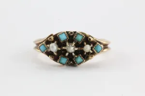 Victorian 9ct gold Seed Pearl & Persian Turquoise Ring