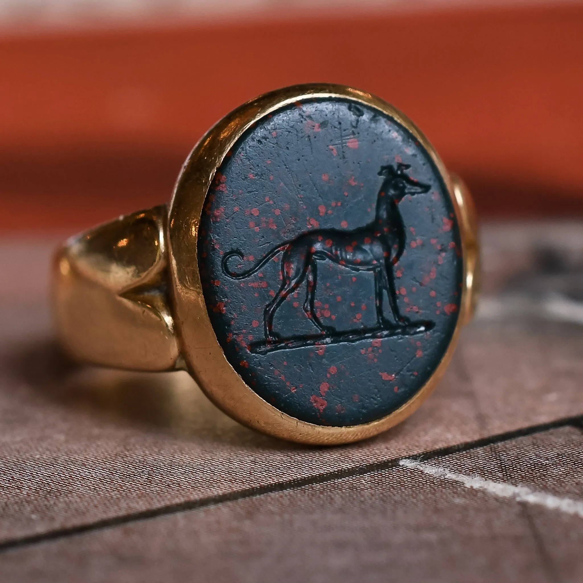 Victorian Bloodstone Greyhound Intaglio Signet Ring