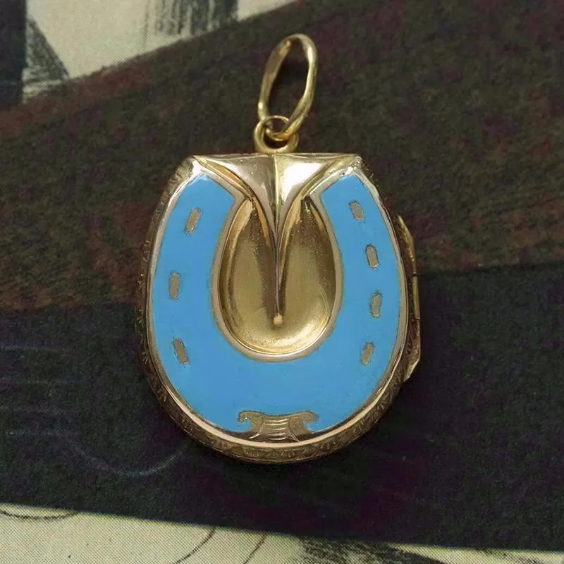 Victorian Blue Enamel Gold Horseshoe Locket
