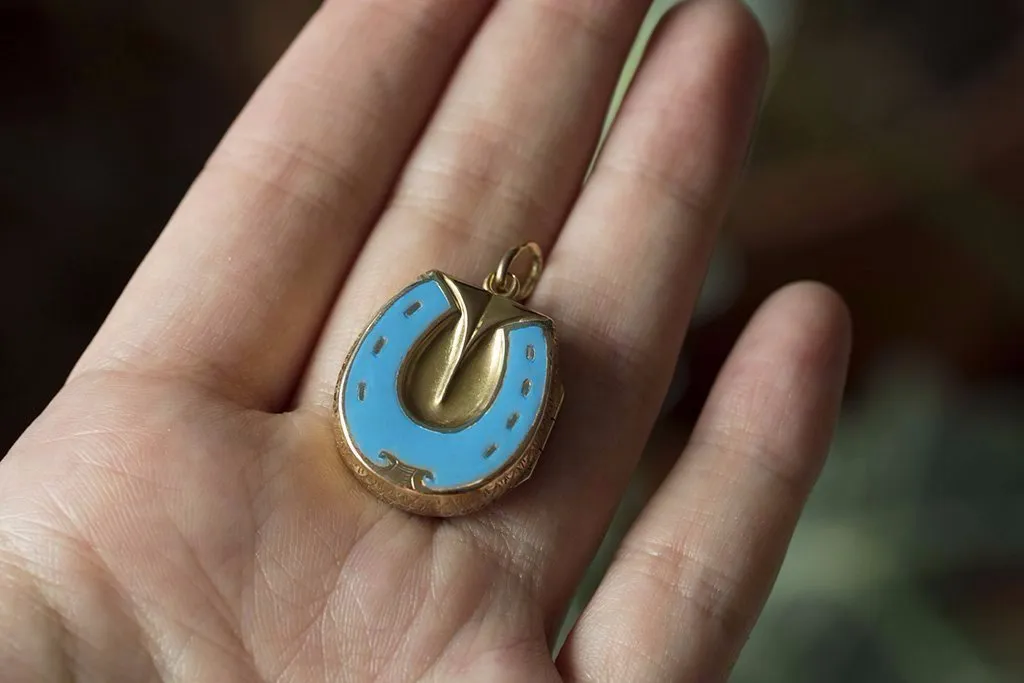 Victorian Blue Enamel Gold Horseshoe Locket