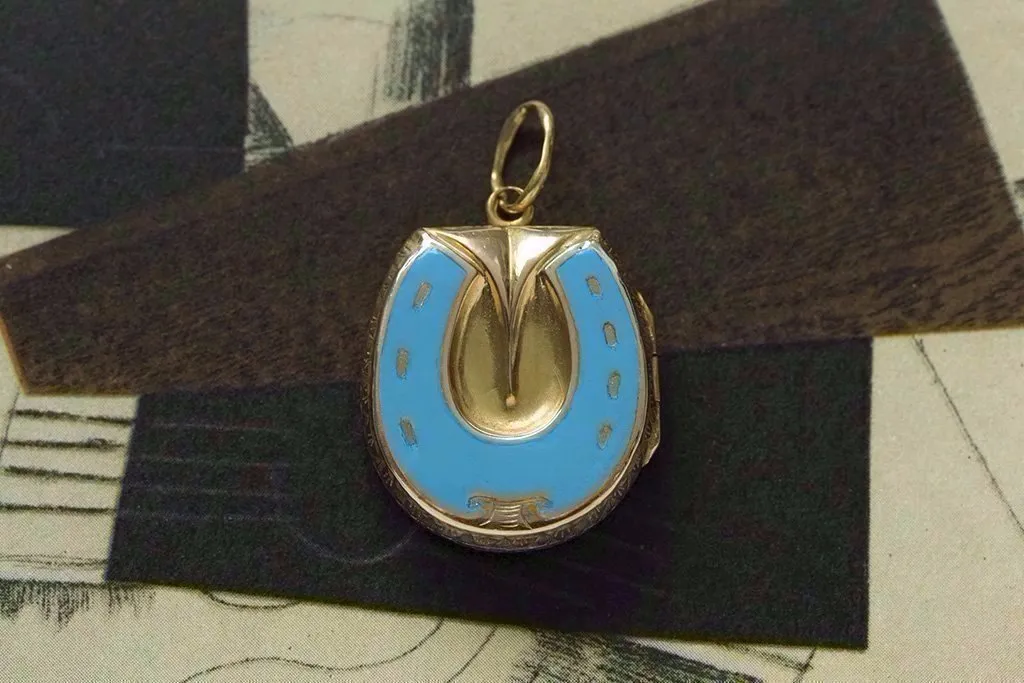 Victorian Blue Enamel Gold Horseshoe Locket