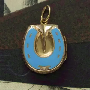 Victorian Blue Enamel Gold Horseshoe Locket