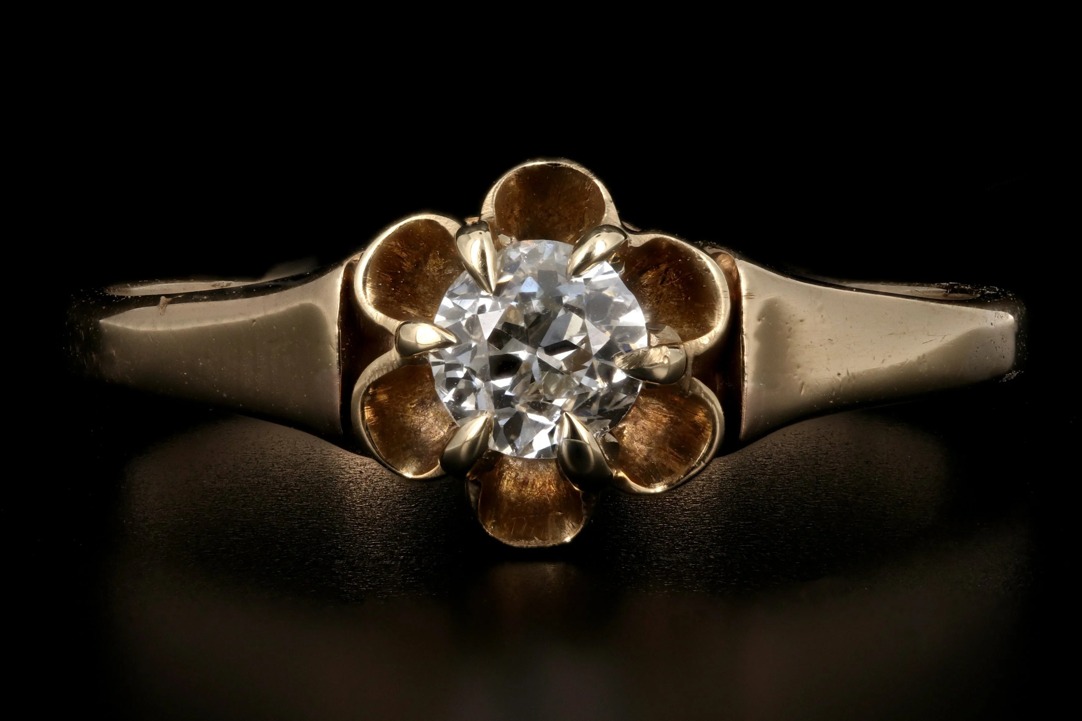 Victorian Buttercup Mounting 14K Yellow Gold .25CT Old European Cut Diamond Ring