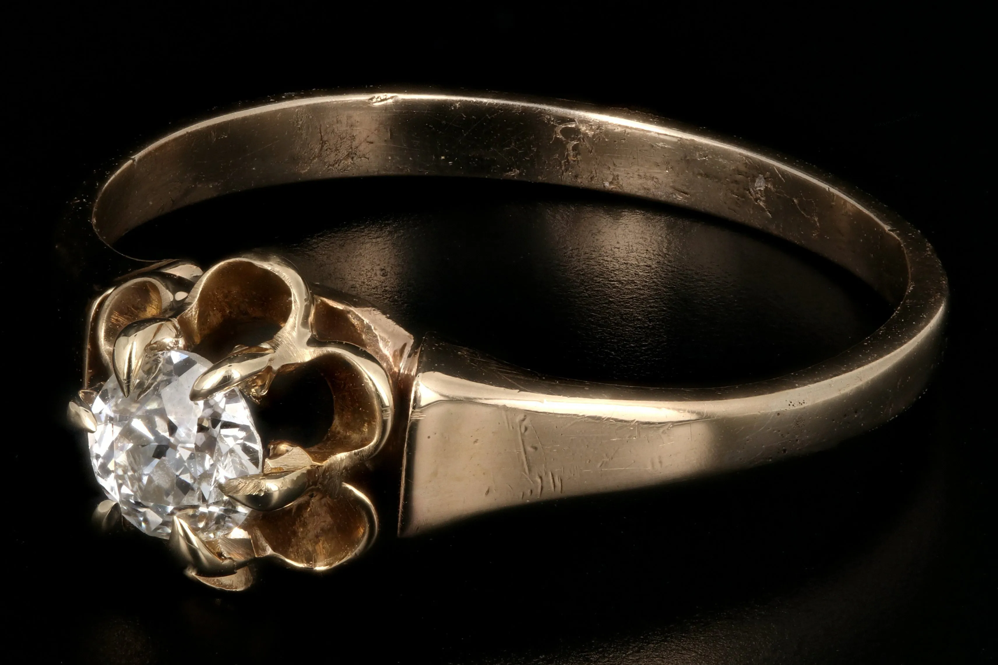 Victorian Buttercup Mounting 14K Yellow Gold .25CT Old European Cut Diamond Ring
