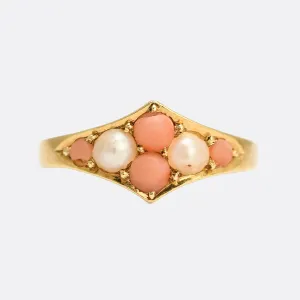 Victorian Coral & Pearl Cluster Ring