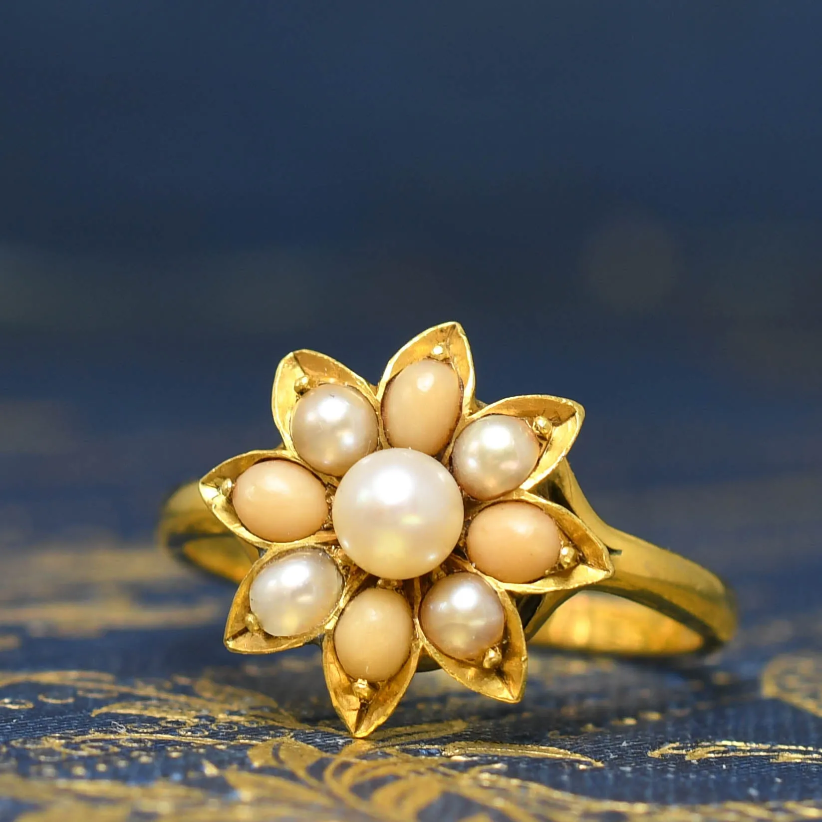 Victorian Coral & Pearl Flower Cluster Ring