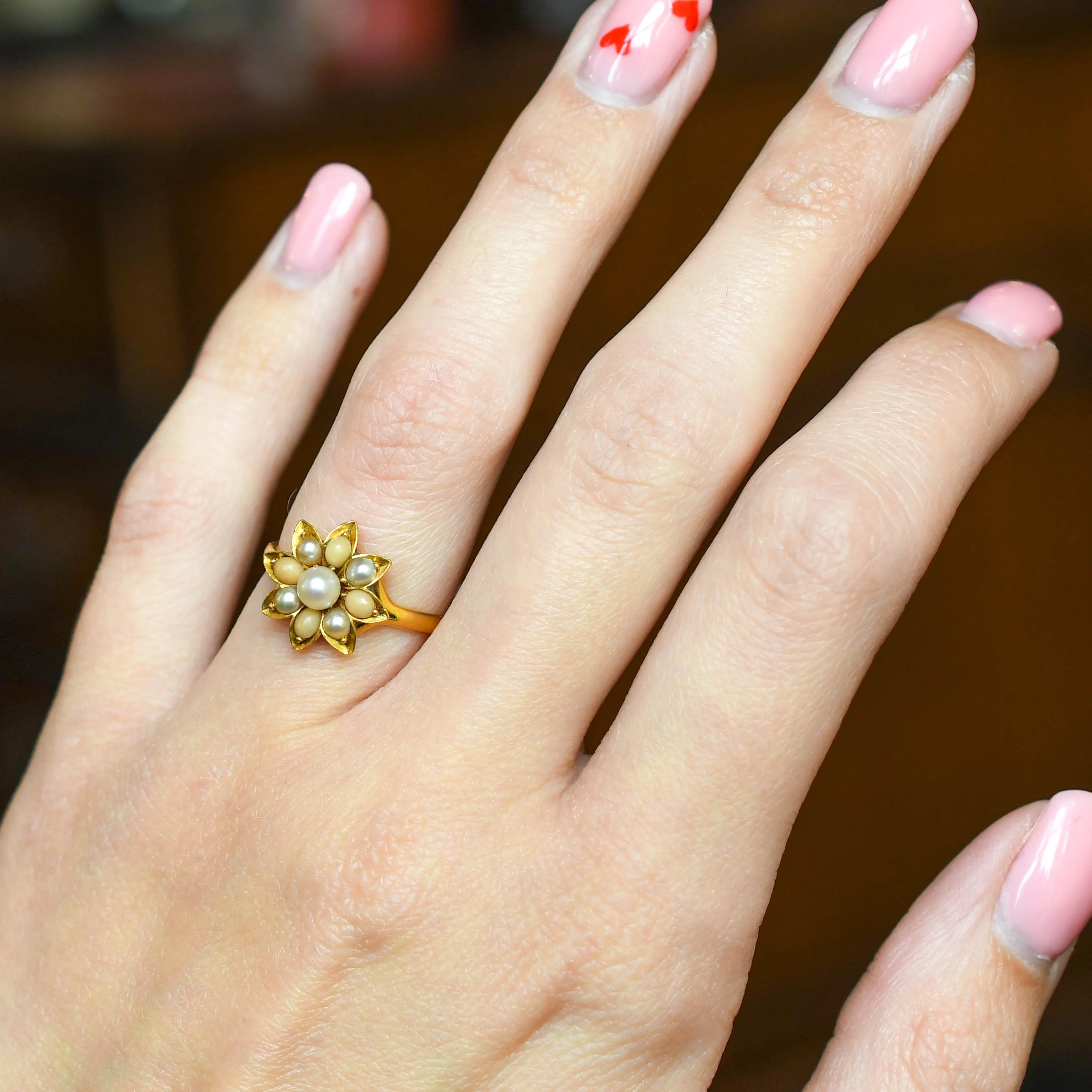 Victorian Coral & Pearl Flower Cluster Ring