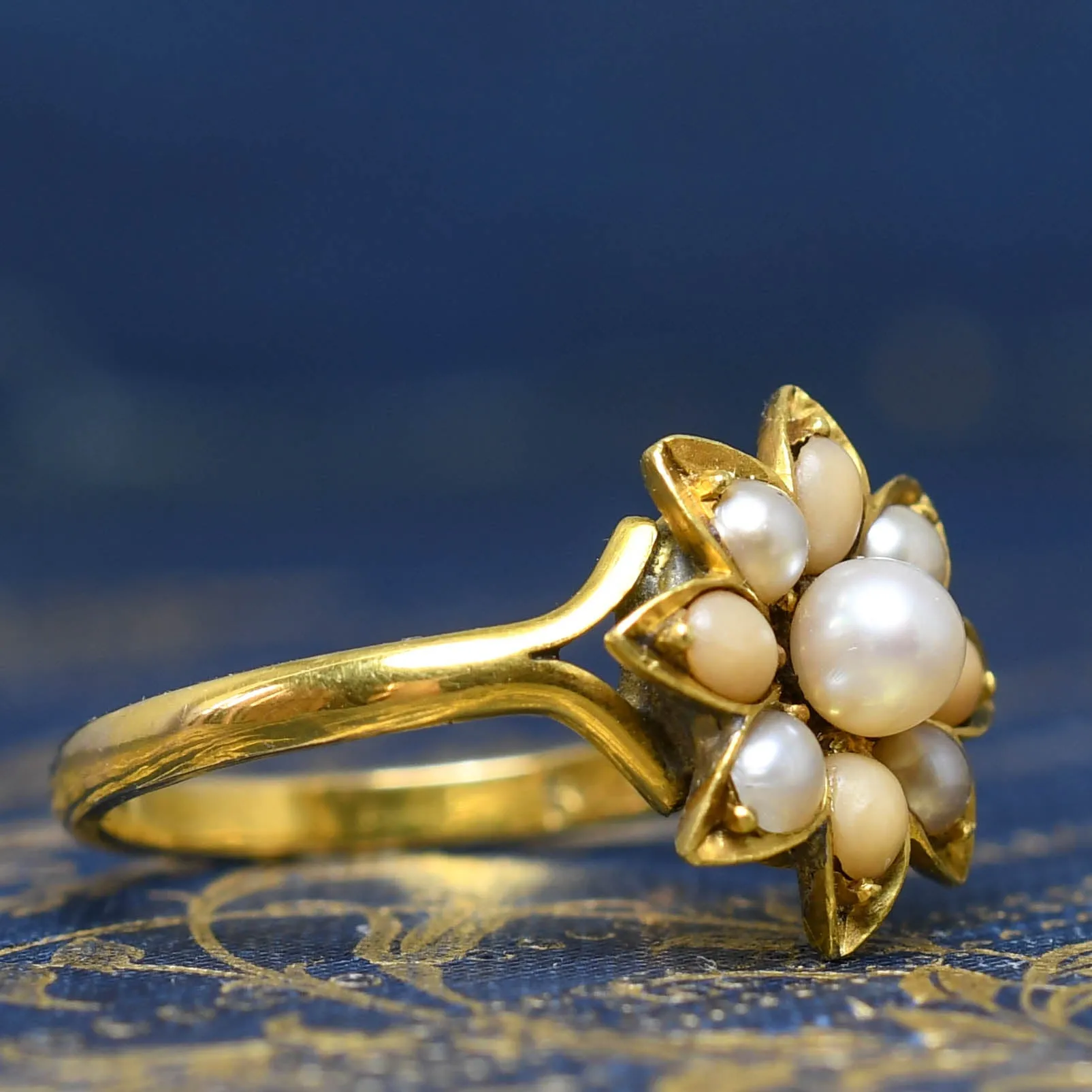 Victorian Coral & Pearl Flower Cluster Ring