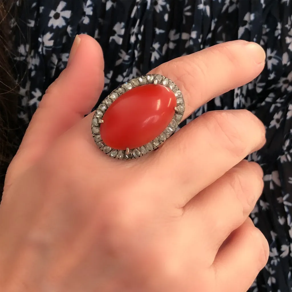 Victorian Coral Cabochon and Rose Cut Diamond Cocktail Ring in 14K and Silver