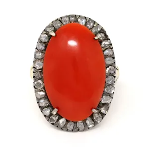 Victorian Coral Cabochon and Rose Cut Diamond Cocktail Ring in 14K and Silver