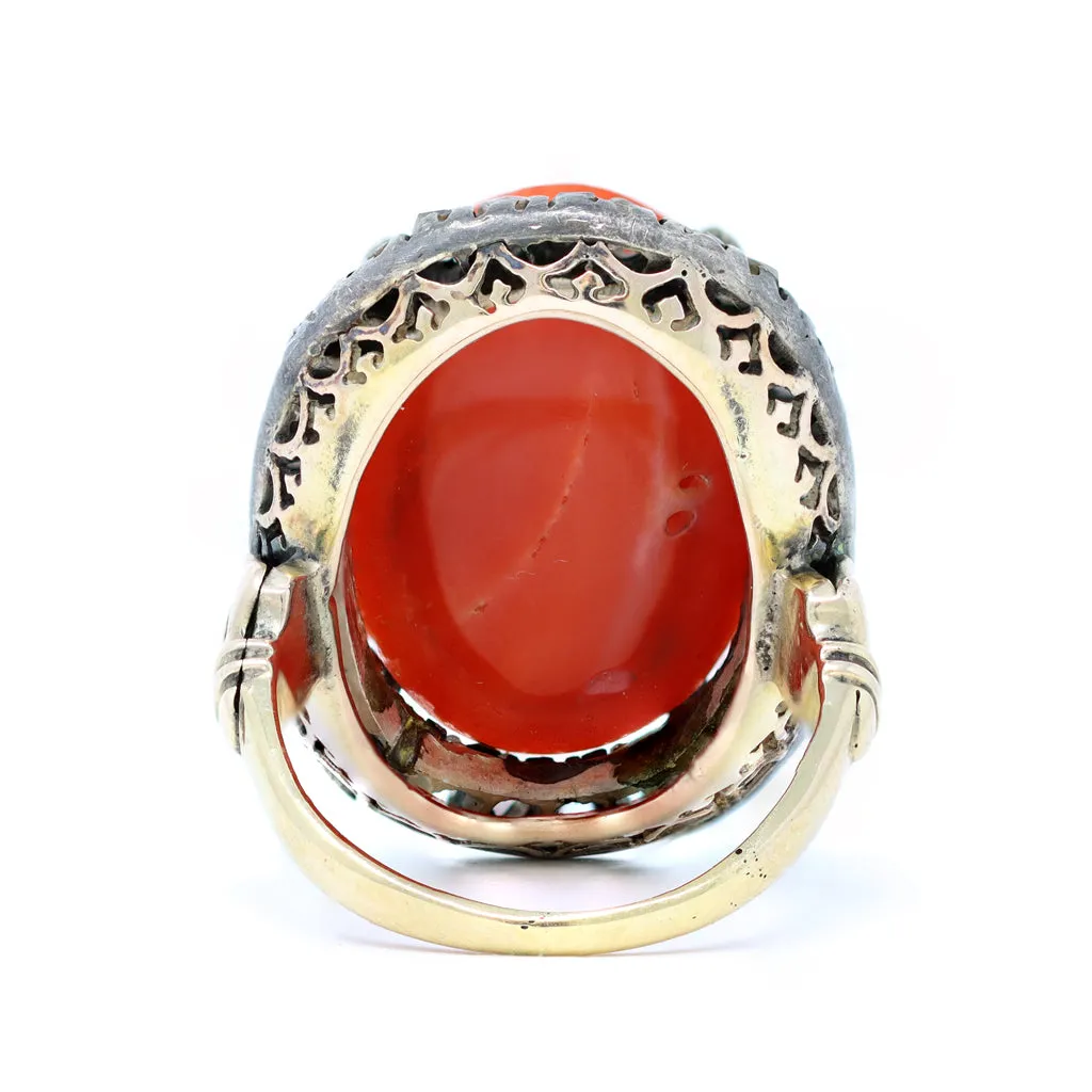 Victorian Coral Cabochon and Rose Cut Diamond Cocktail Ring in 14K and Silver