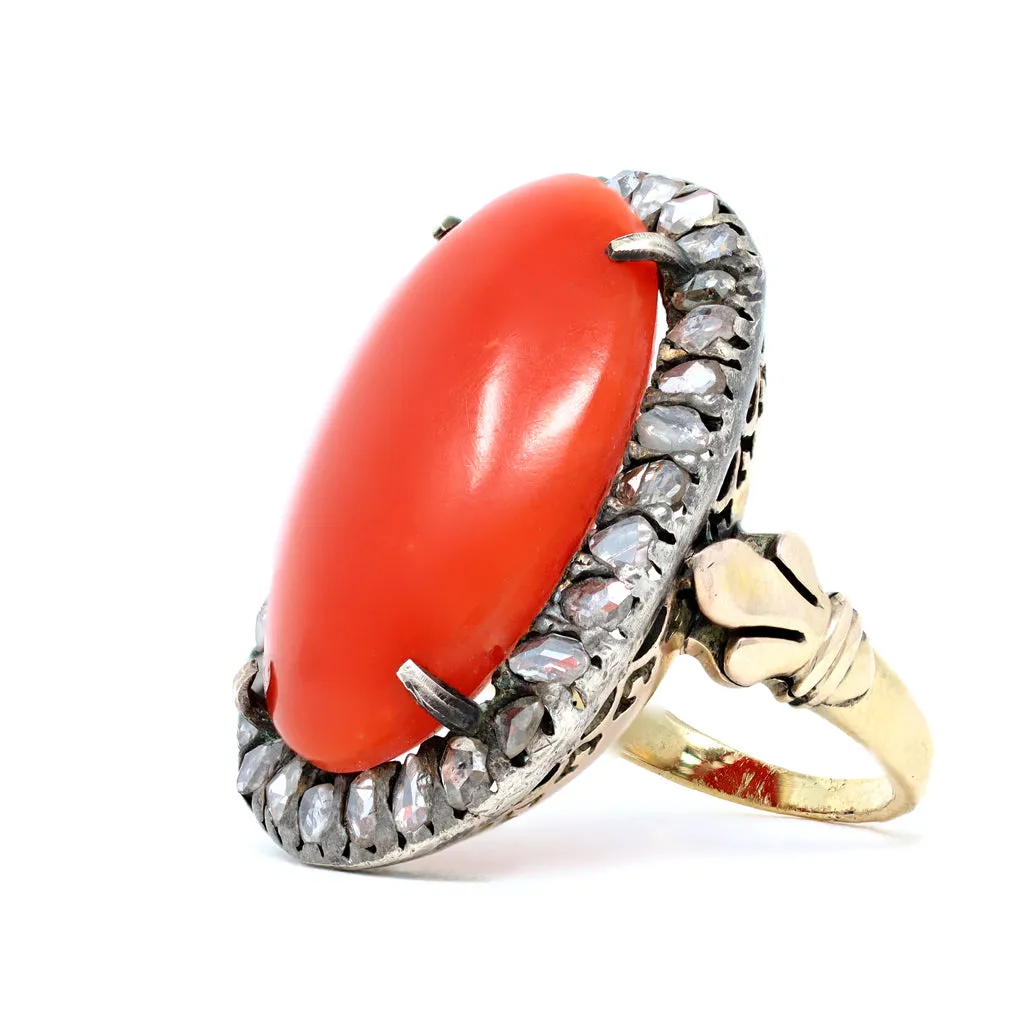 Victorian Coral Cabochon and Rose Cut Diamond Cocktail Ring in 14K and Silver
