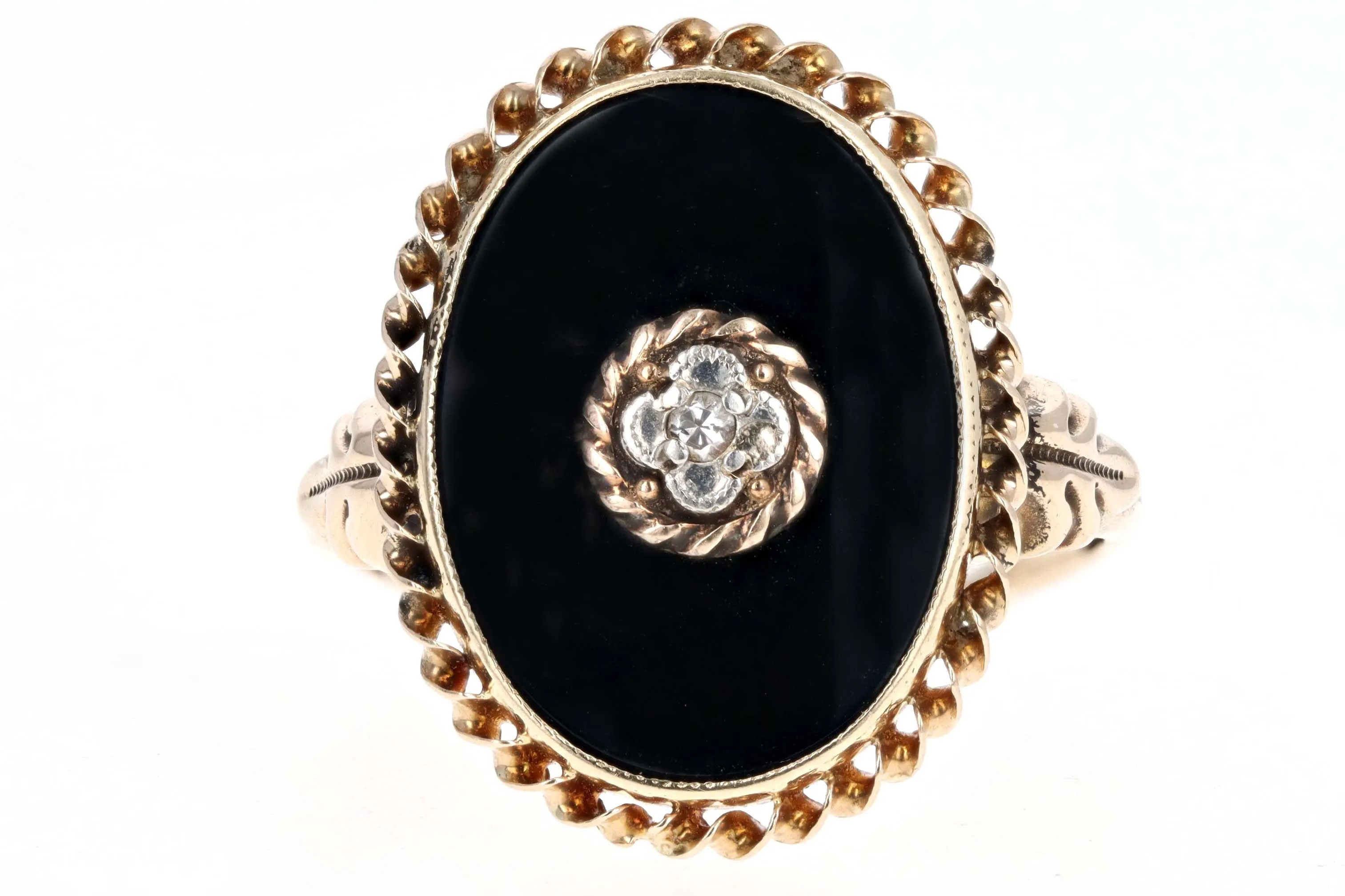 Victorian Inspired 10K Yellow Gold Onyx & Diamond Ring