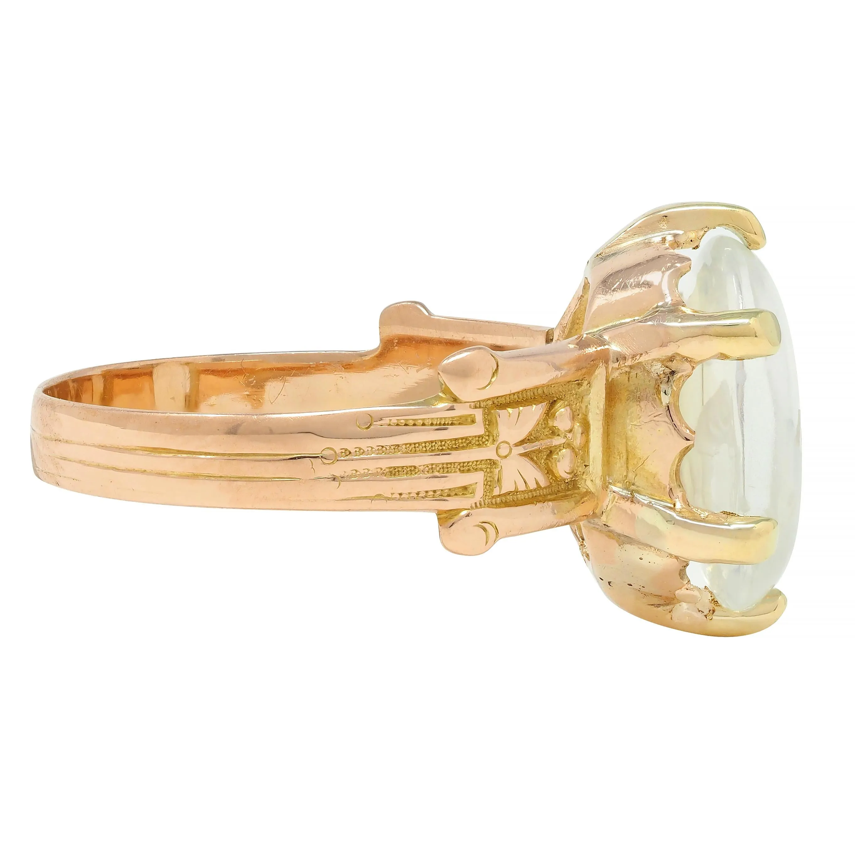 Victorian Moonstone 14 Karat Yellow Gold Ram Intaglio Thistle Antique Ring