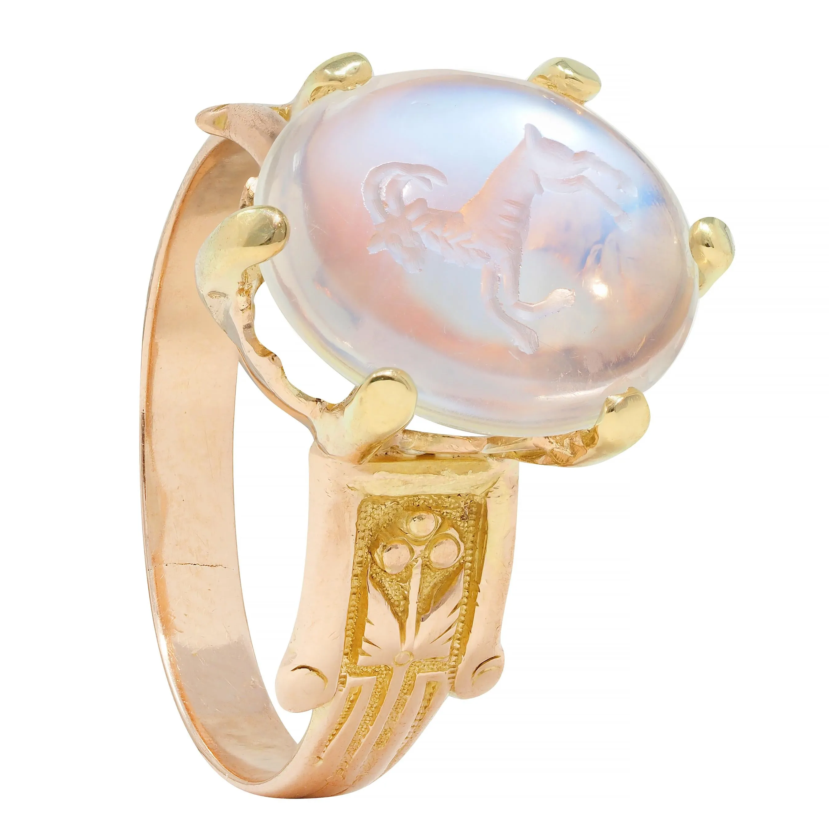 Victorian Moonstone 14 Karat Yellow Gold Ram Intaglio Thistle Antique Ring