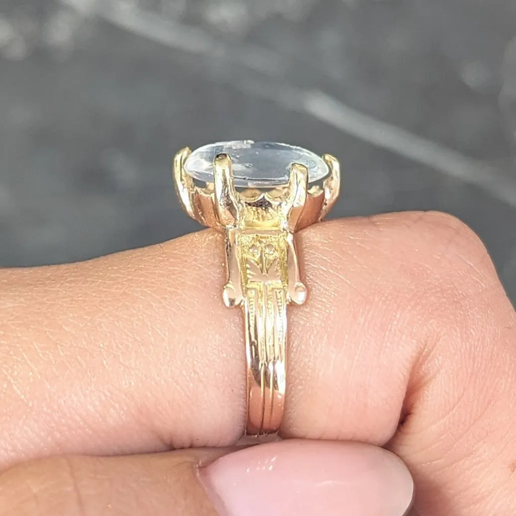 Victorian Moonstone 14 Karat Yellow Gold Ram Intaglio Thistle Antique Ring