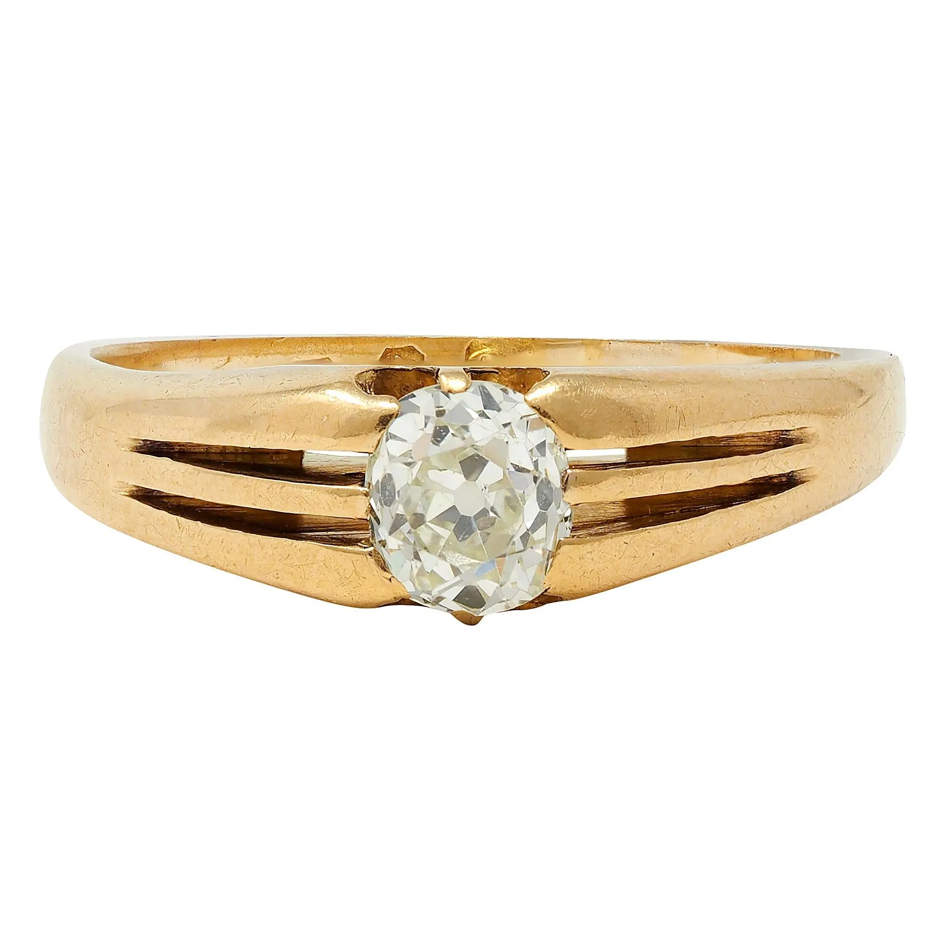 Victorian Old Mine Cut Diamond 18 Karat Yellow Gold Antique Belcher Solitaire Unisex Engagement Ring