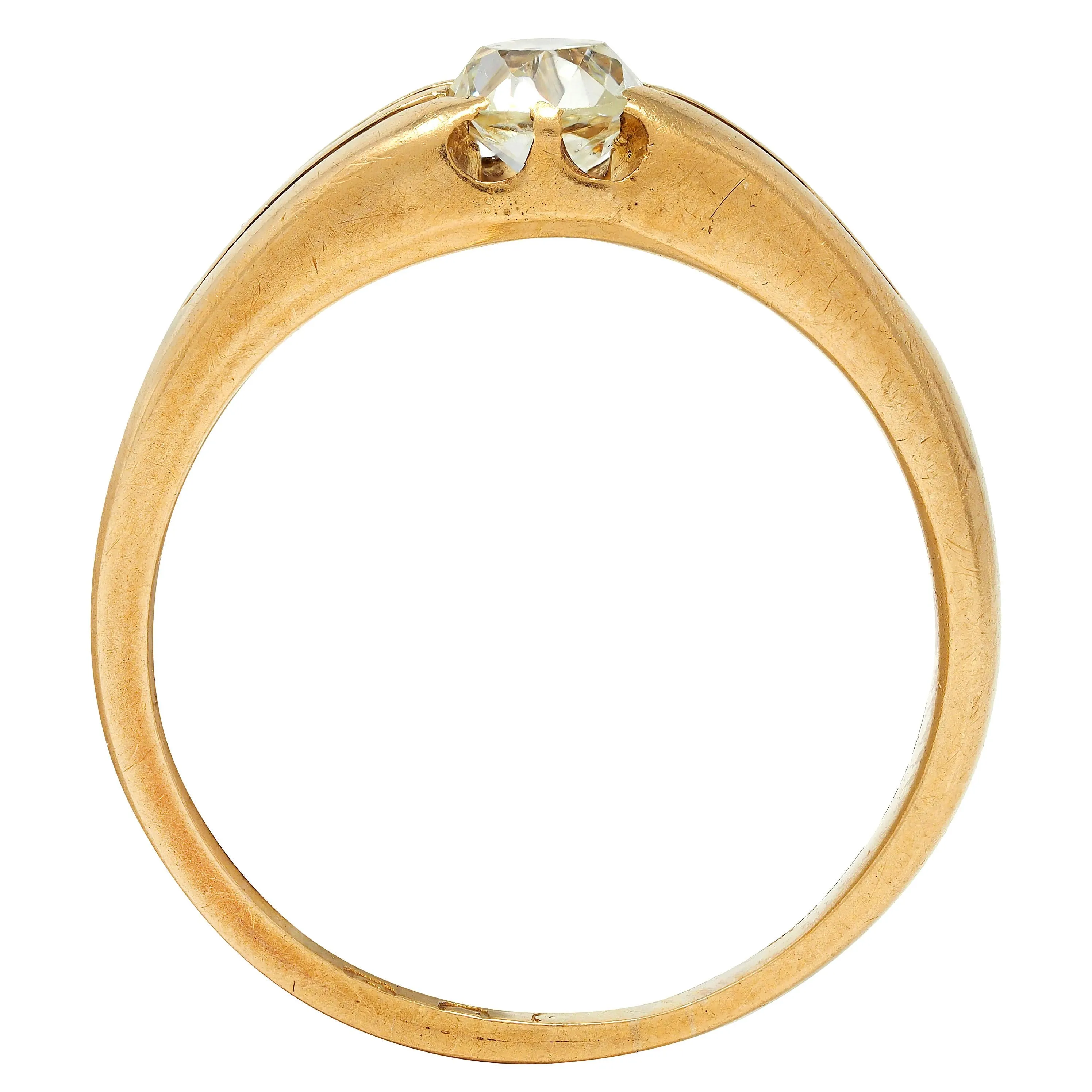 Victorian Old Mine Cut Diamond 18 Karat Yellow Gold Antique Belcher Solitaire Unisex Engagement Ring