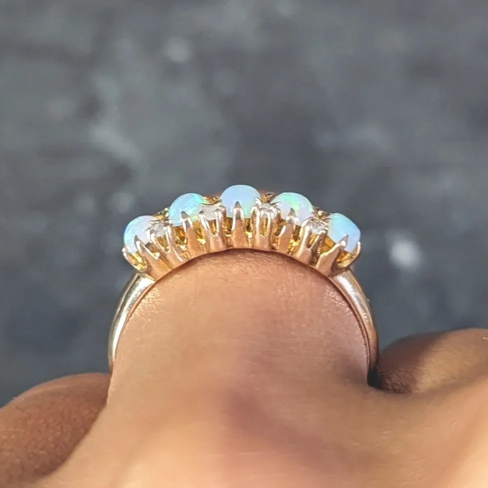 Victorian Opal Diamond 14 Karat Yellow Gold Antique Five Stone Ring