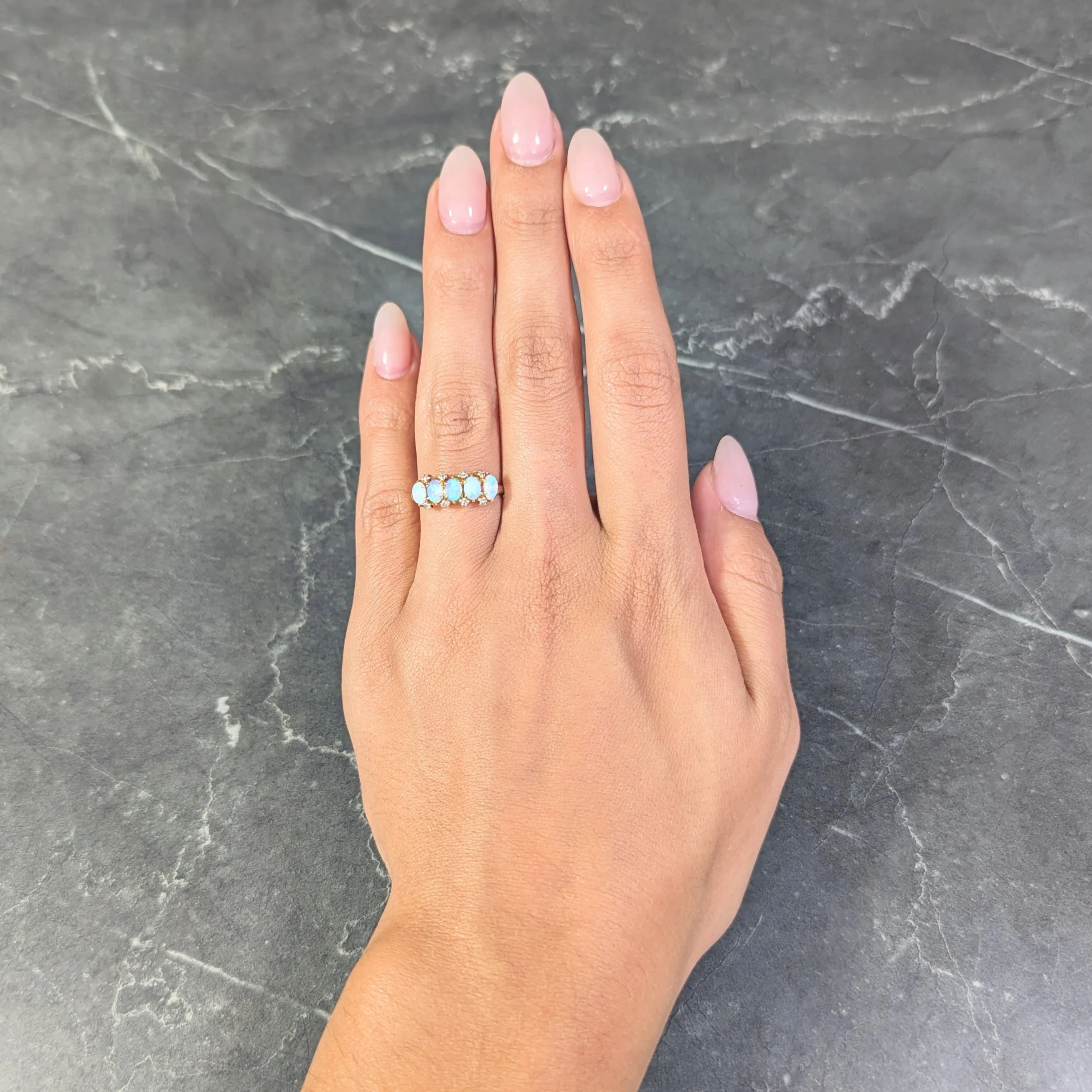 Victorian Opal Diamond 14 Karat Yellow Gold Antique Five Stone Ring