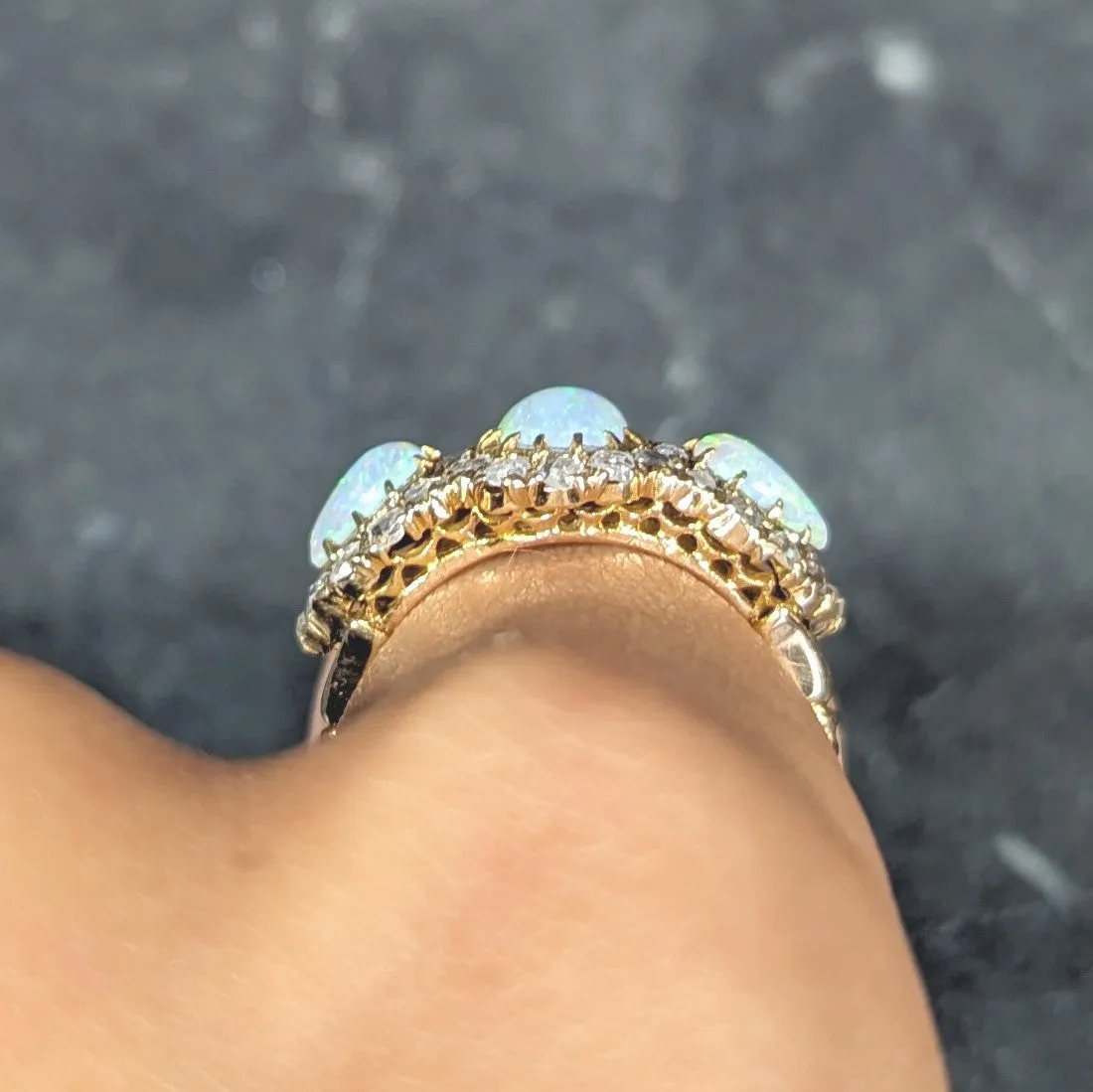 Victorian Opal Diamond 18 Karat Gold Three Stone Antique Halo Cluster Ring