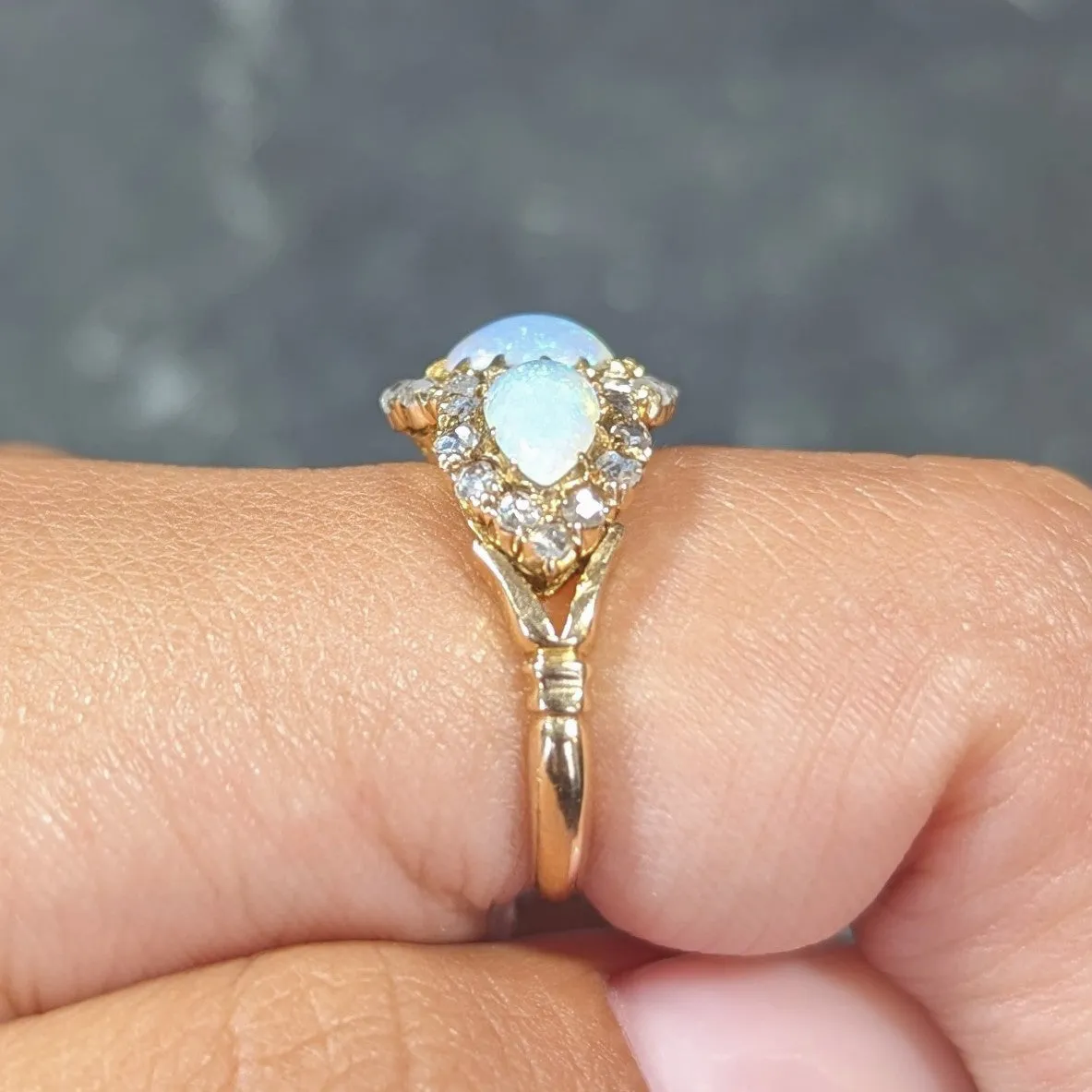 Victorian Opal Diamond 18 Karat Gold Three Stone Antique Halo Cluster Ring